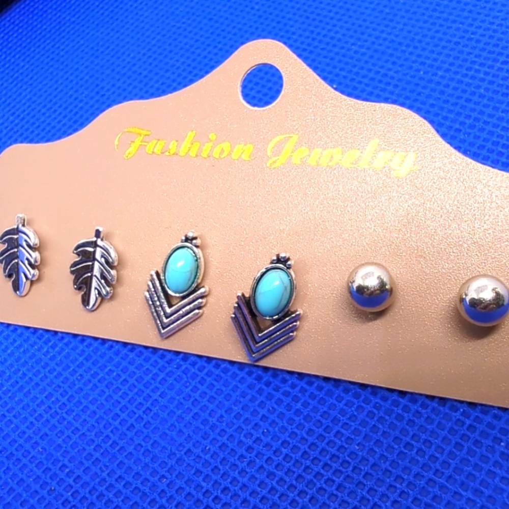 Earrings Turquoise Leaves Round Balls Silver Fashion Earrings 3 Pair Pack - Picture 2 of 6